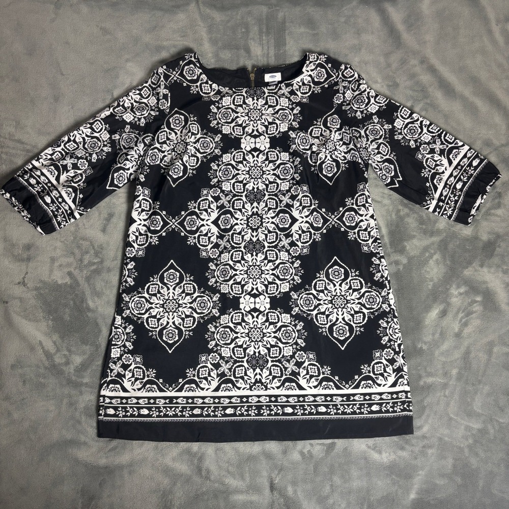 Old Navy Women's XL Black White Medallion Print Shift Dress 3/4 Sleeve Boho